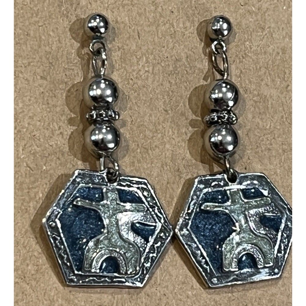 Edgar Berebi VTG Earrings Blue Enamel Silver Tone Triangle Dangle Signed Boho